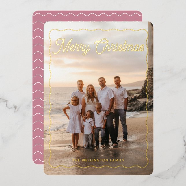 Merry Christmas Pink Script Wave Frame Photo Foil Holiday Card (Front/Back)