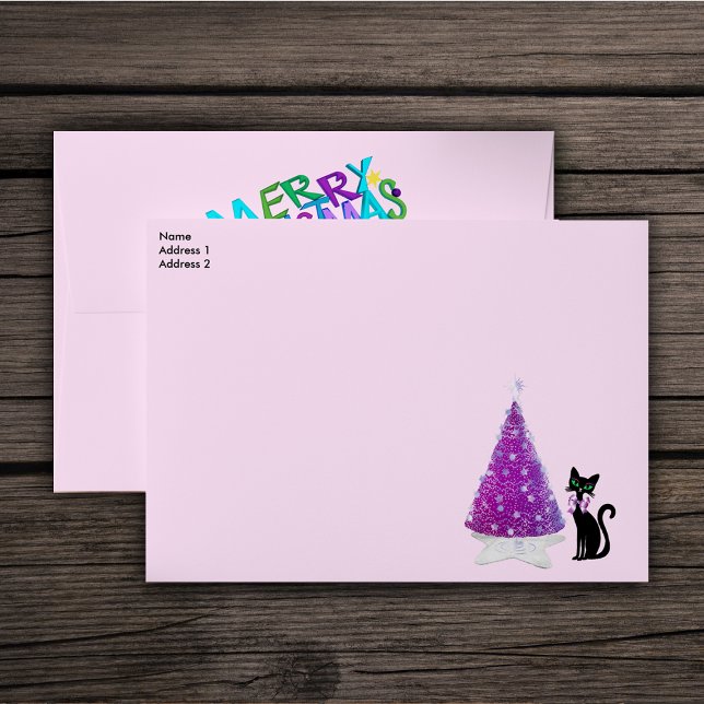 Merry Christmas Pink Silver Tree Black Cat Bow Envelope (Pink silver Christmas tree black cat pink bow on Merry Christmas pink mailing envelopes.)