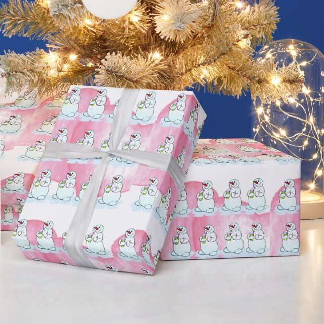 Merry Christmas Pink Snowman Wrapping Paper (Holidays)