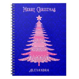 Merry Christmas Pink Tree Personalized Snowflakes Notebook
