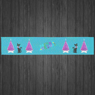 Merry Christmas Pink Trees Pretty Black Cat Stars  Short Table Runner