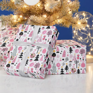 Merry Christmas Pink Trees Santa Wrapping Paper