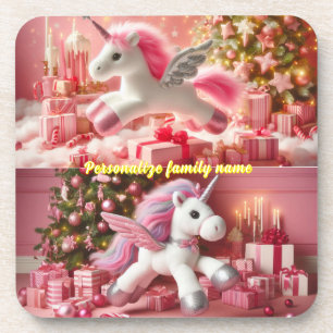Merry Christmas pink unicorn customize Coaster
