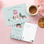 Merry Christmas Pink Vintage Town Scenery & Van Postcard<br><div class="desc">Wish your family and friends a Merry Christmas with our fun and festive holiday postcard. Our design features our own hand-drawn fun vintage town scenery and landscape. Every little detail is captured in this quaint little neighbourhood scene. Features Pink house decked out in festive decorations, pink snow covered trees, lamp...</div>