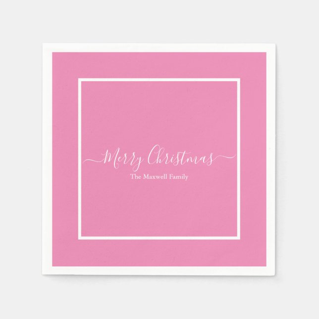 Merry Christmas pink white family name Napkin (Front)