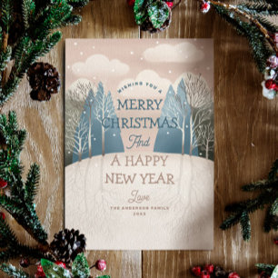 Merry Christmas. Pink winter woodland landscape Holiday Card