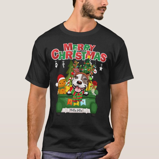 Merry Christmas Pit Bull Dog Reindeer T-Shirt (Front)