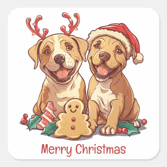 Merry Christmas Pit Bull Dogs Square Sticker (Front)
