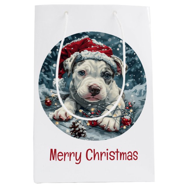 Merry Christmas Pit Bull Santa Puppy Medium Gift Bag (Front)