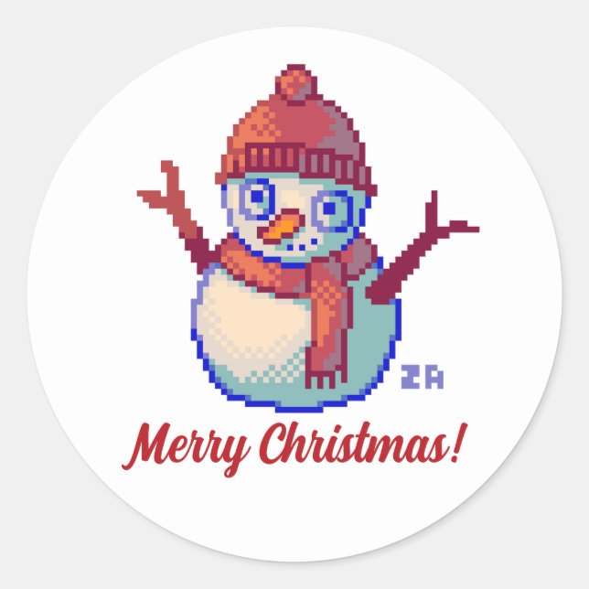 Merry Christmas, Pixel Art, Pixel Art, Snowman Classic Round Sticker (Front)