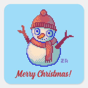 Merry Christmas, pixel art, Snowman Square Sticker