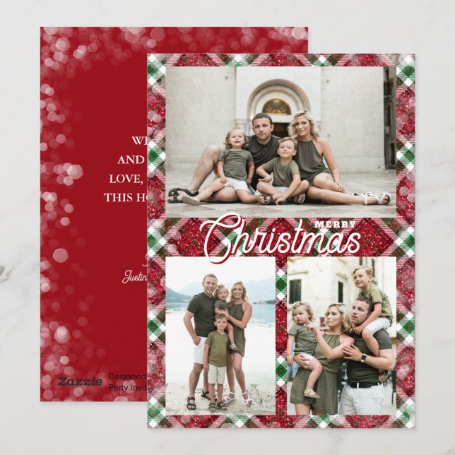 Merry Christmas Plaid 3 Photo Collage Holiday Card (Front/Back)