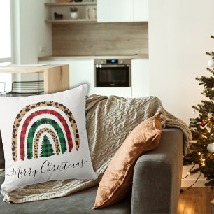 Merry Christmas Plaid and Leopard Print Rainbow Throw Pillow