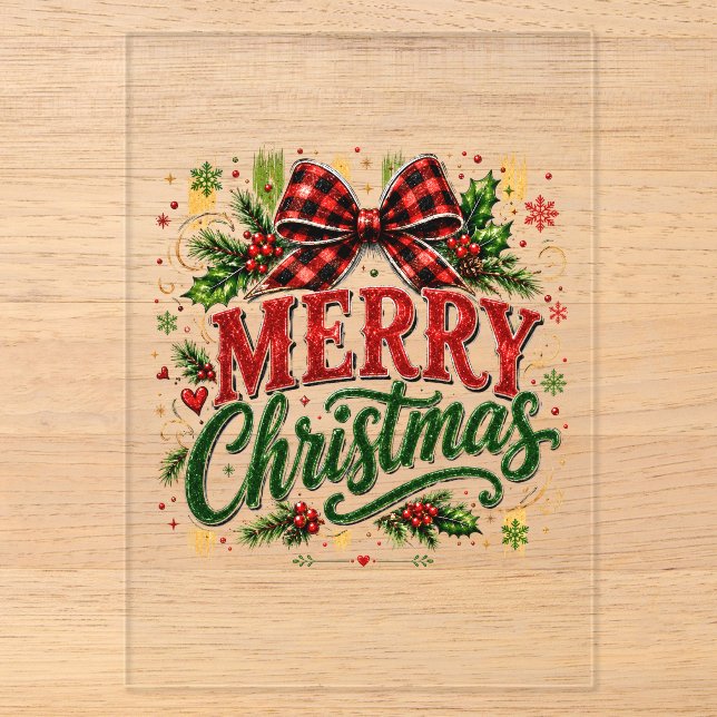 Merry Christmas Plaid Bow Acrylic Invitations (Front)
