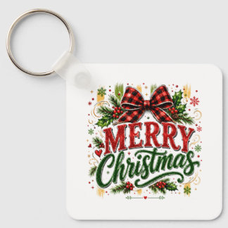 Merry Christmas Plaid Bow Keychain