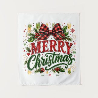 Merry Christmas Plaid Bow Tapestry