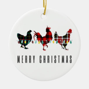 Merry Christmas Plaid Chickens Christmas Ceramic Ornament