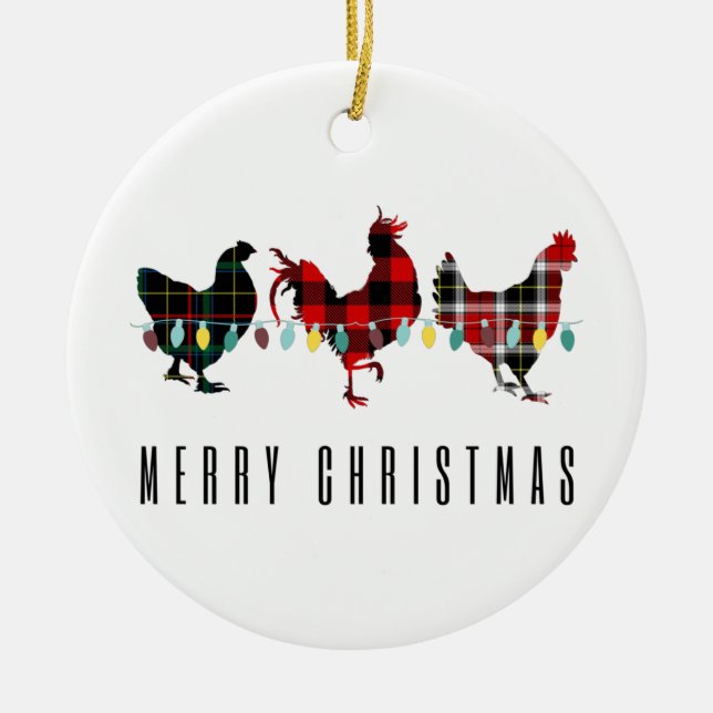 Merry Christmas Plaid Chickens Christmas Ceramic Ornament (Front)