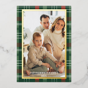 Merry Christmas Plaid Foil Photo Collage Christmas Holiday Card