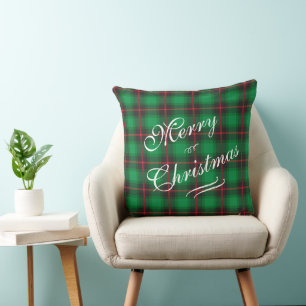 Merry Christmas Plaid Green Festive Wreath  Throw Pillow