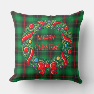 Merry Christmas Plaid Green Festive Wreath Throw Pillow