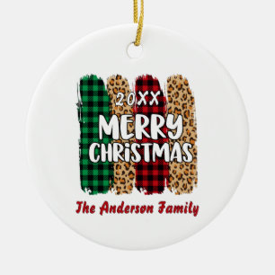 Merry Christmas Plaid & Leopard Print Family Name Ceramic Ornament