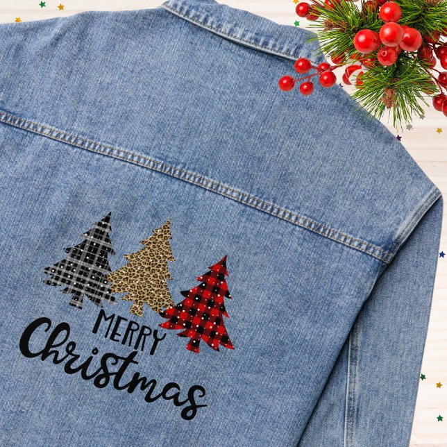 Merry Christmas Plaid Leopard Trees Denim Jacket (Creator Uploaded)
