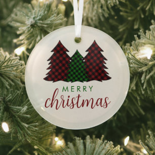 Merry Christmas Plaid Pattern Christmas Tree Glass Ornament