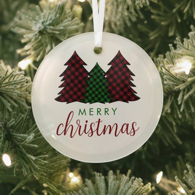 Merry Christmas Plaid Pattern Christmas Tree Glass Ornament (Insitu)