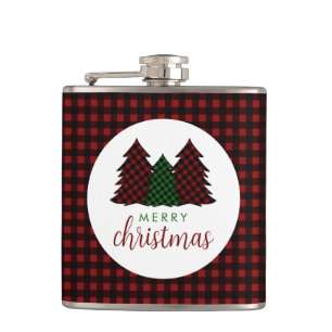 Merry Christmas Plaid Pattern Christmas Tree Hip Flask
