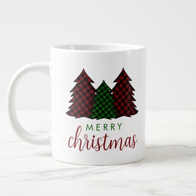 Merry Christmas Plaid Pattern Christmas Tree Large Coffee Mug (Left)
