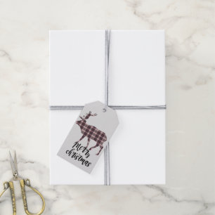 Merry Christmas Plaid Pattern Elk  Personalized Gift Tags