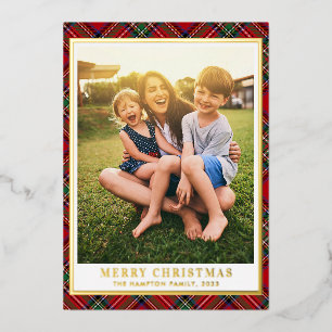 Merry Christmas Plaid Photo Stewart Tartan Gold Foil Holiday Card