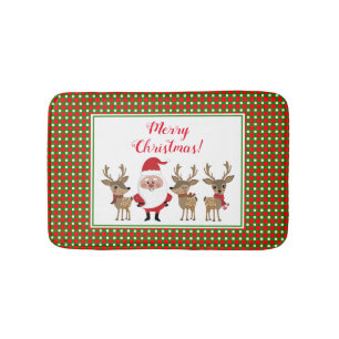 Merry Christmas Plaid Red Green Santa Reindeer Bath Mat