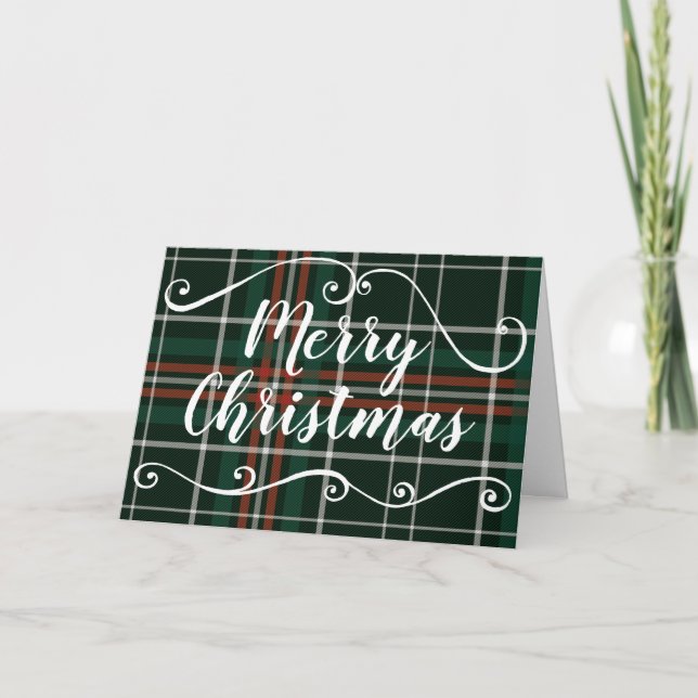 Merry Christmas Plaid Red Green White Pattern Holiday Card (Front)