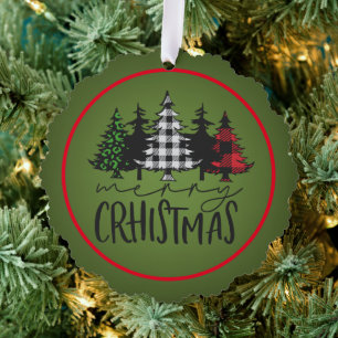 Merry Christmas Plaid Trees Ornament Card