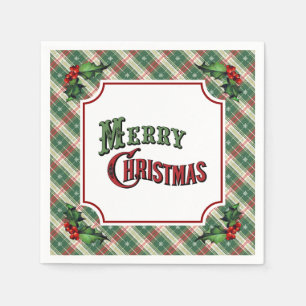 Merry Christmas Plaid with Holly Napkin