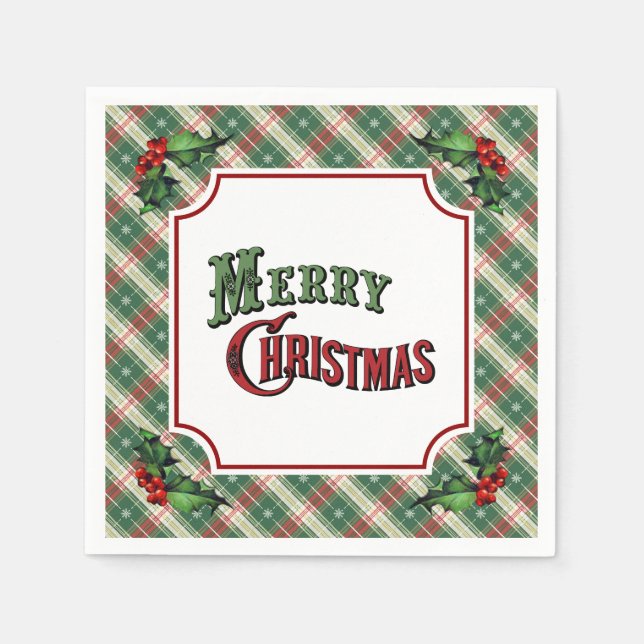 Merry Christmas Plaid with Holly Napkin (Front)