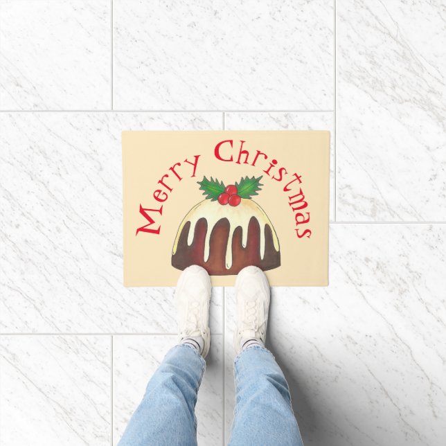 Merry Christmas Plum Pudding Holly Leaf Holiday Doormat (Indoor)