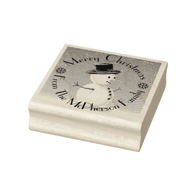 Merry Christmas, plus your family name, snowman Rubber Stamp (Stamp)
