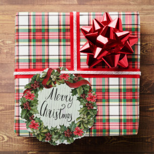 Merry Christmas Poinsettia and Berries Wreath Ornament Card