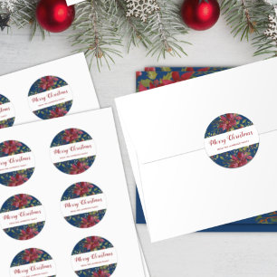 Merry Christmas Poinsettia Botanical Navy Blue Classic Round Sticker