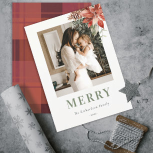 Merry Christmas Poinsettia Bunch Photo Watercolor Holiday Card