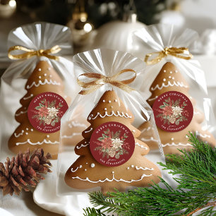 Merry Christmas Poinsettia Burgundy Classic Round Sticker