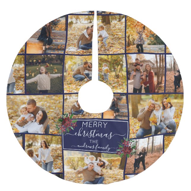 Merry Christmas Poinsettia Family Photo Collage Brushed Polyester Tree Skirt (Front)