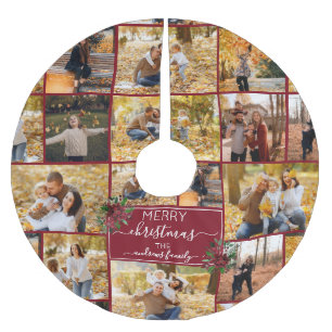Merry Christmas Poinsettia Family Photo Collage Brushed Polyester Tree Skirt