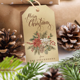 Merry Christmas Poinsettia Faux Gold Holiday Gift Tags