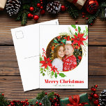 Merry Christmas Poinsettia Festive Family Photo Holiday Postcard<br><div class="desc">A beautiful red poinsettia floral with holly leaf encircles your square festive family photo above Merry Christmas. Bright and cheerful kids photograph holiday postcards with pretty flowers and leaves.</div>