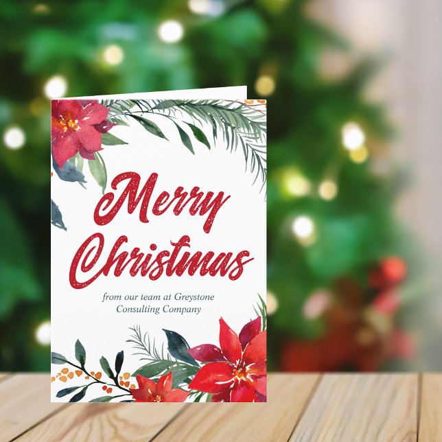 Merry Christmas Poinsettia Floral Custom Corporate Holiday Card (Creator Uploaded)