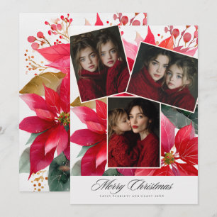 Merry Christmas Poinsettia Floral holiday 3 photo Card